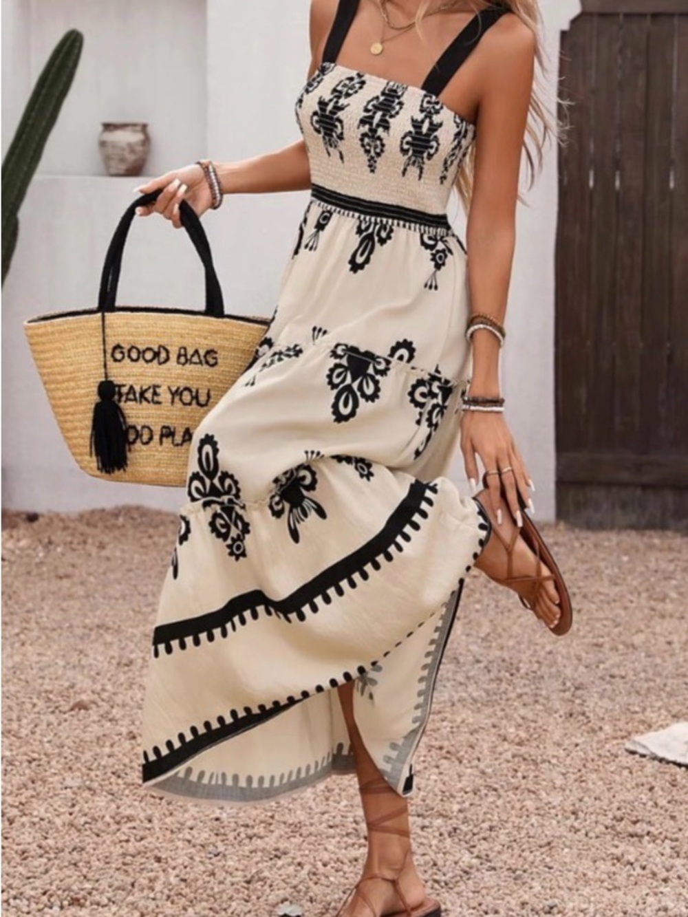 Cream BoHo Maxi Dress with Black Embroidered Motif